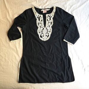 Gretchen Scott Designs XS Black Tunic Embroidered Trim 100% Cotton